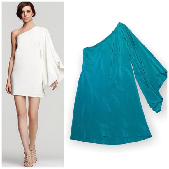 Nicole Miller green silk batwing one shoulder mini dress size 12 - Picture 1 of 13